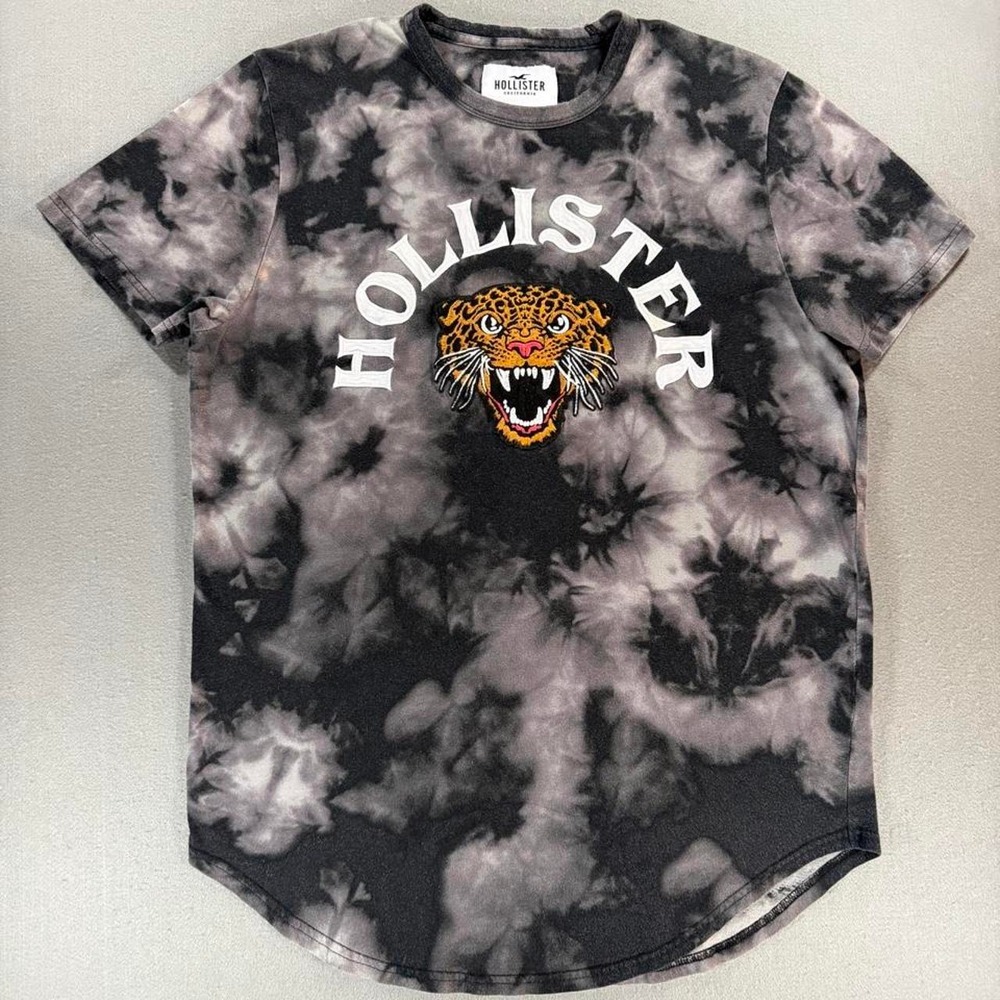 Hollister Co black and gray tie-dye Short sleeve jersey tshirt embroidered tiger